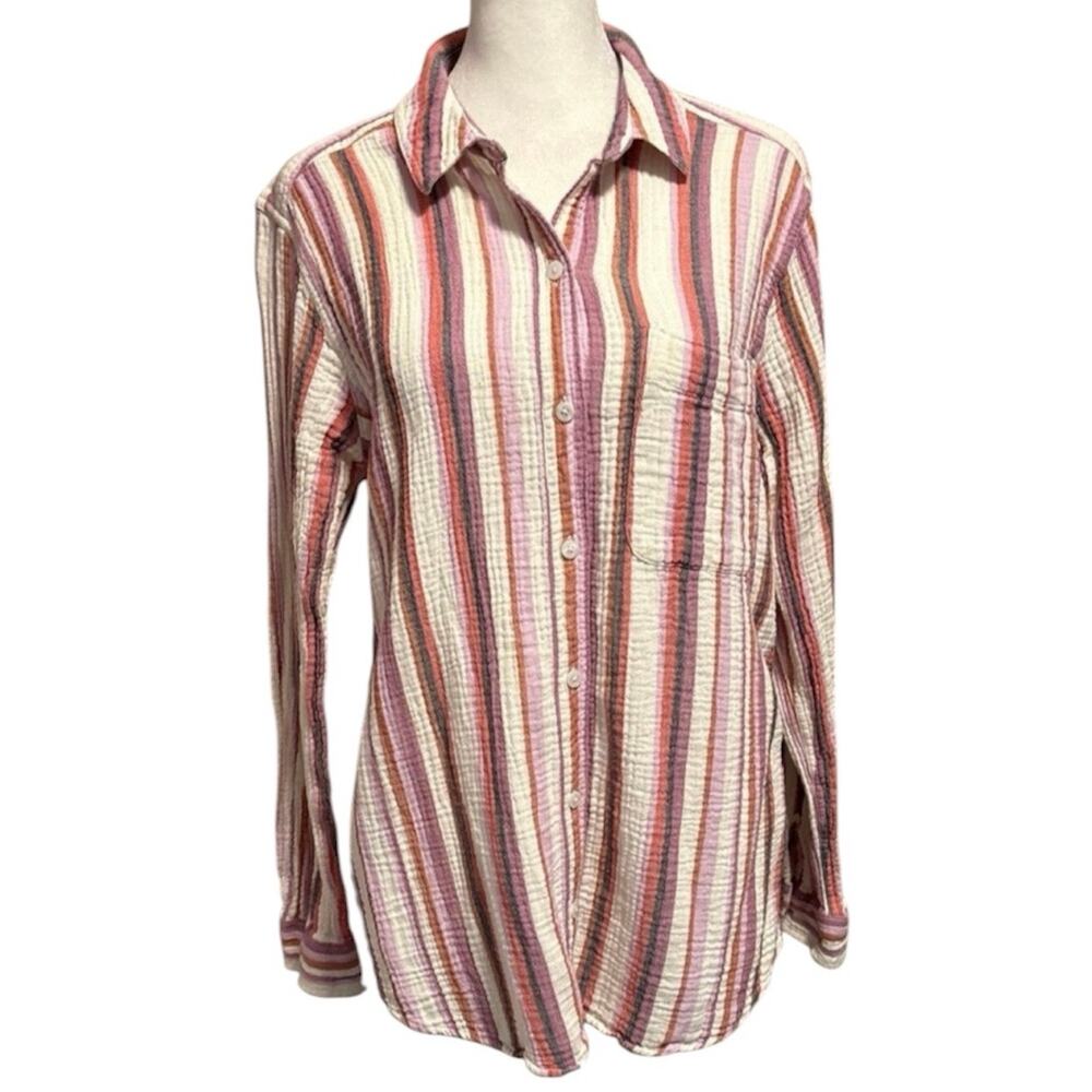 Eddie Bauer Women’s Size L Cotton Gauze Button Up Shirt Long Sleeves Stripes